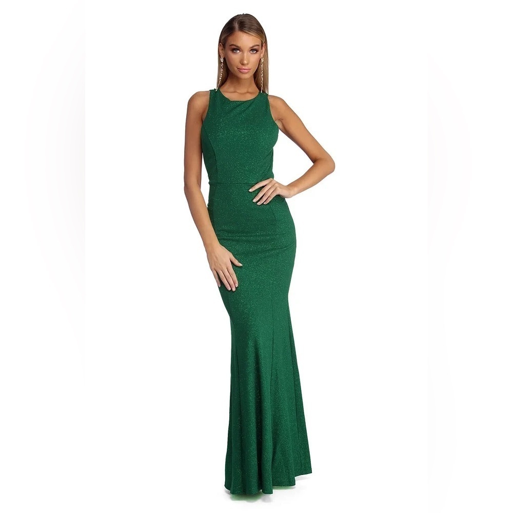 Windsor Keyla Open Back Fitted Formal Glitter Gown Hunter Green NEW Size Small - Picture 2 of 12